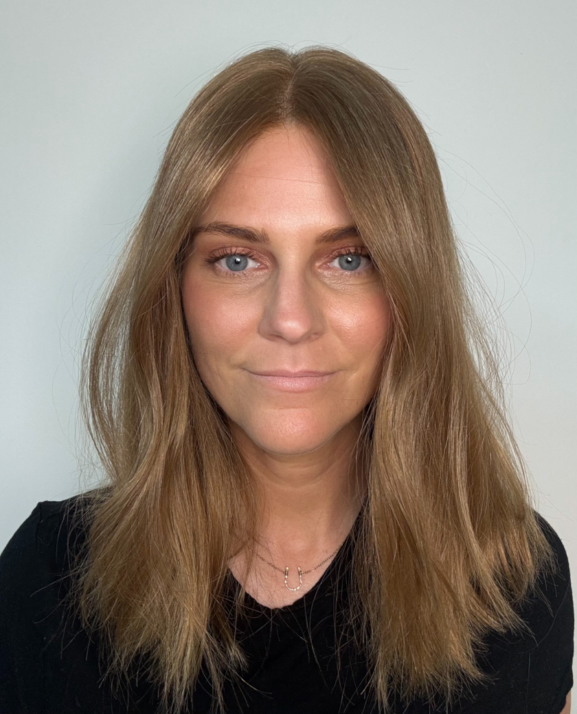 Amber— Warm medium brunette base with bright honey and golden blonde balayage. Blonde money piece