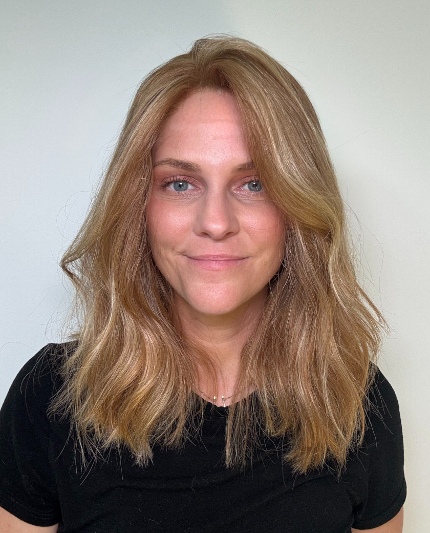 Jessica — Virgin copper base with subtle blonde highlights for the perfect strawberry blonde color.