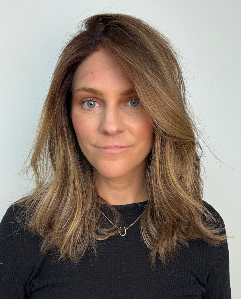 Devon — 18-inch Virgin European human hair wig with natural wavy texture and warm golden balayage