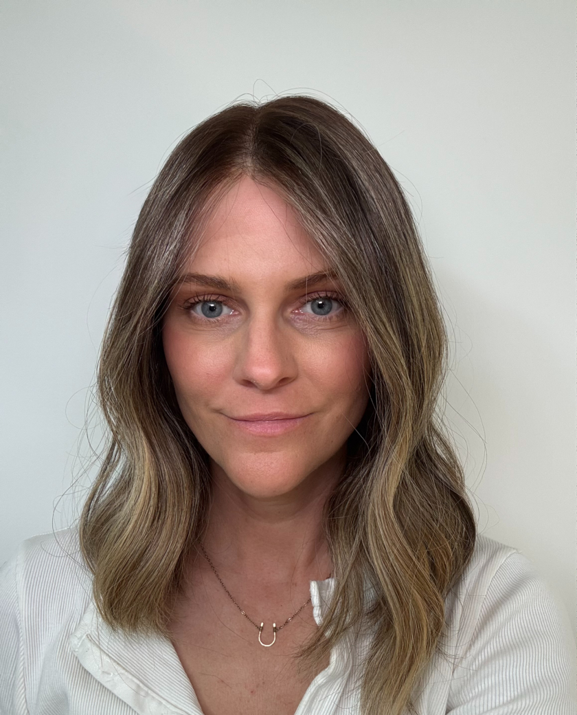 Hazel— ash brown root with soft golden and beige balayage
