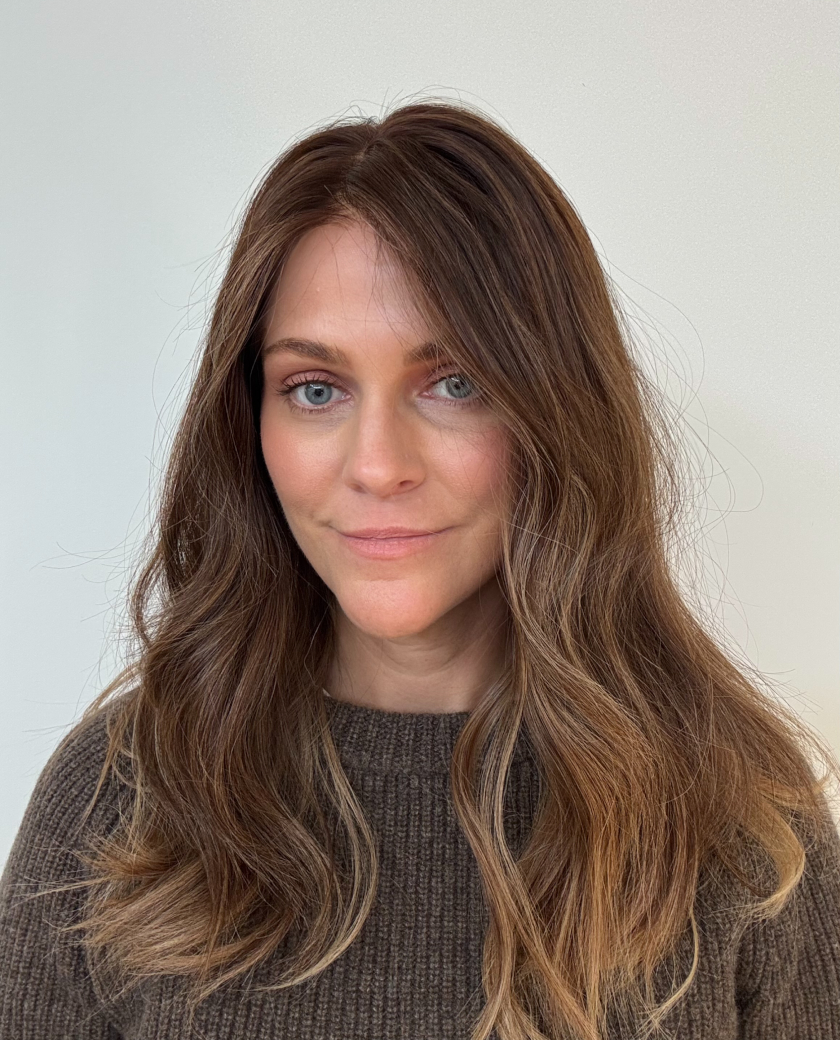 Lainey — Warm medium brown base with caramel/golden blonde balayage that has a lived in placement.