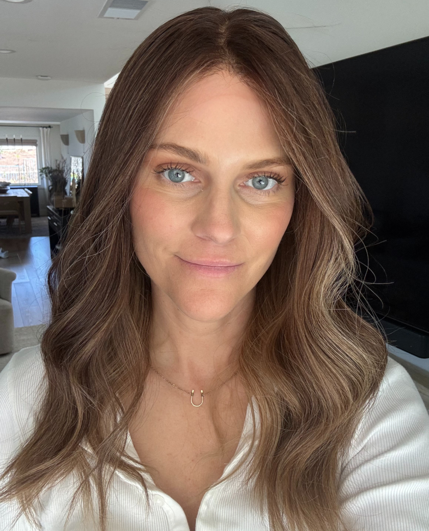 Lainey — Warm medium brown base with caramel/golden blonde balayage that has a lived in placement.
