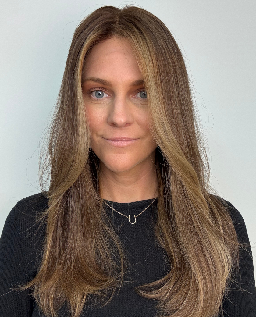 Sophia — 20-inch Virgin Russian human hair wig in warm brunette with honey blonde balayage