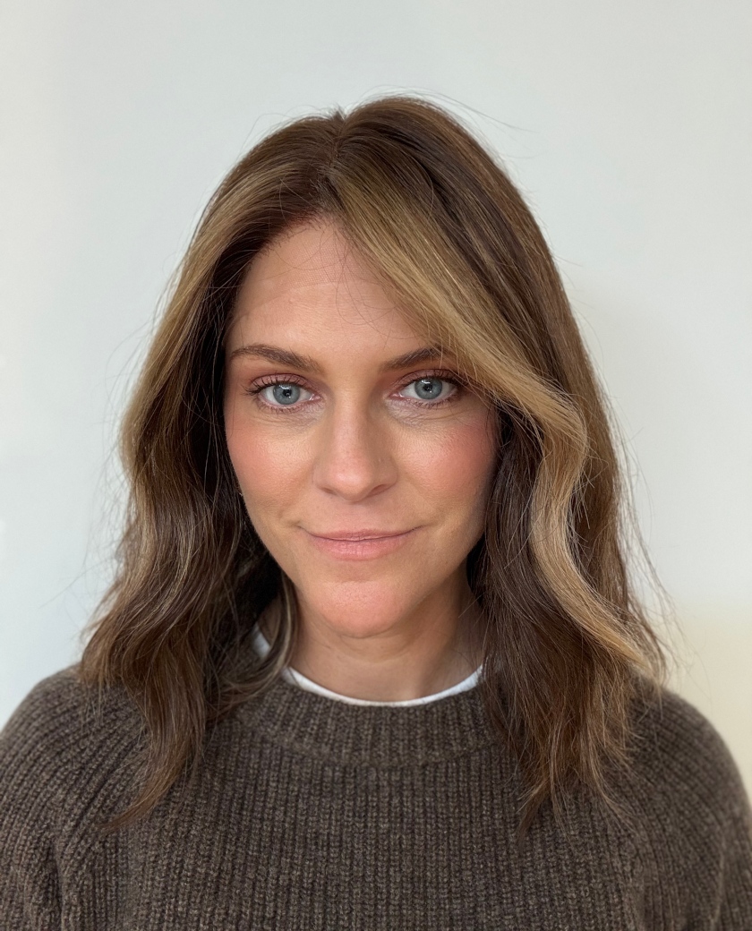 Sophia Short — Warm medium brunette base with bright honey and golden blonde balayage. Blonde money piece