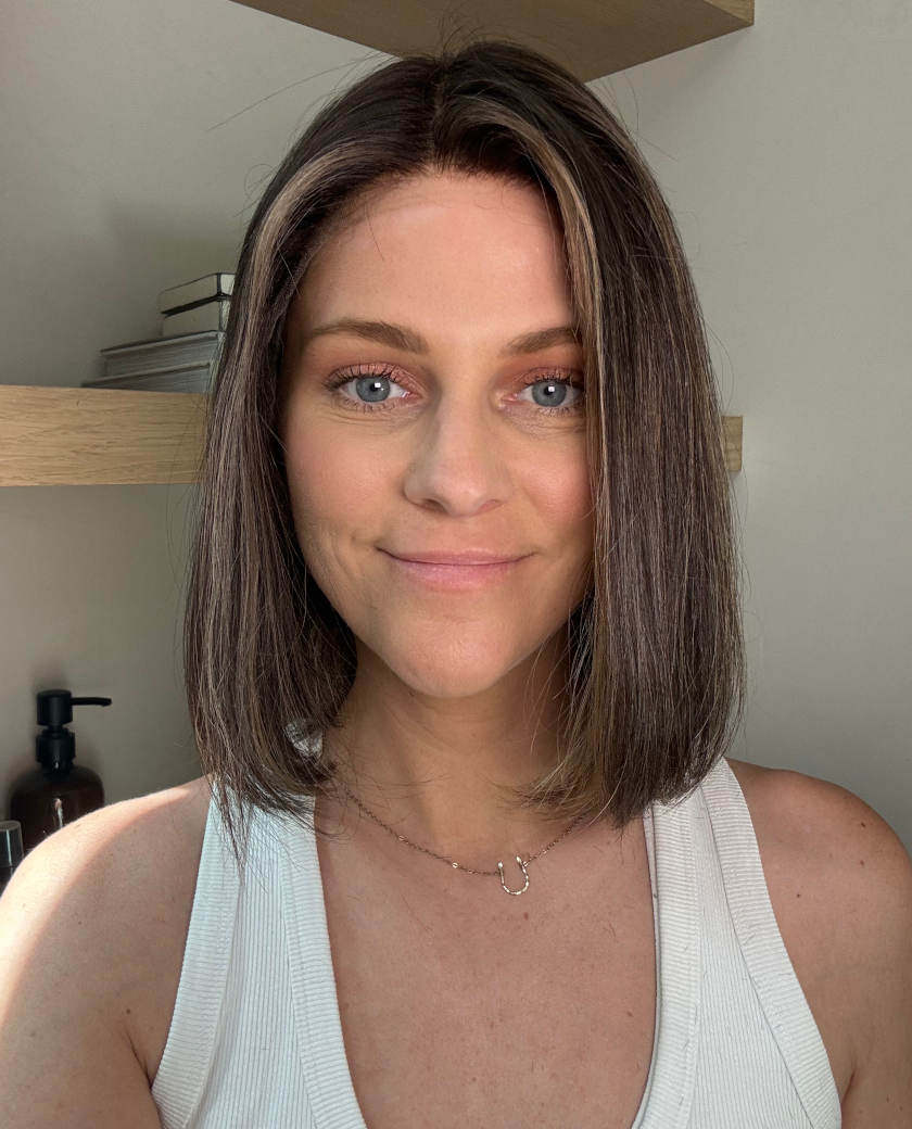 Vivian — 12-inch European human hair wig in rich dark brown with soft face-framing highlights